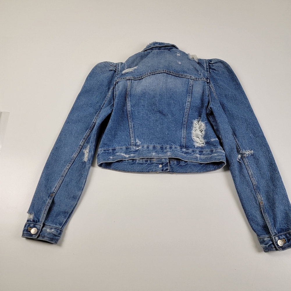 Zara Light Blue Distressed Puff-Shoulder Cropped Jean Jacket - Picture 10 of 12
